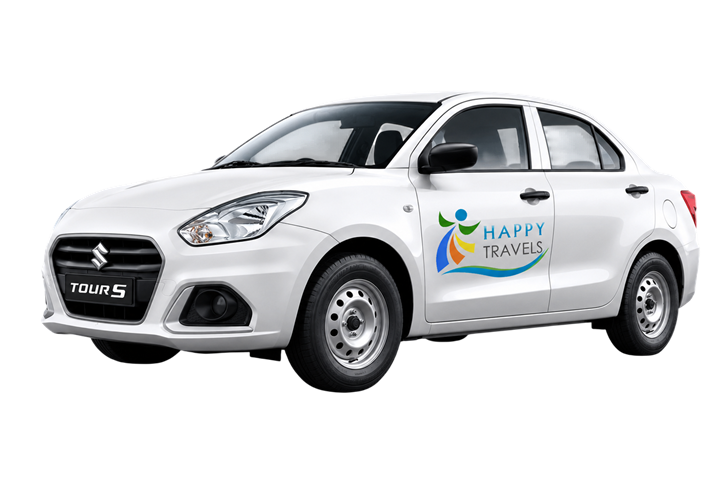 White Maruti Swift Dzire Tour S with the Happy Travels logo