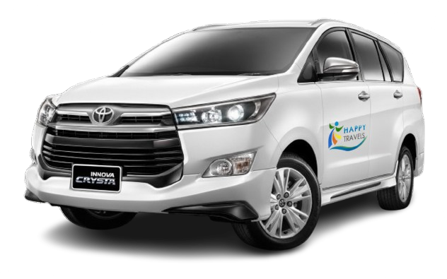 White Toyota Innova Crysta with the Happy Travels logo